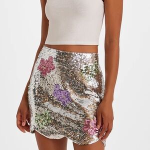 High Waisted Sequin Floral Scalloped Hem Mini Skirt